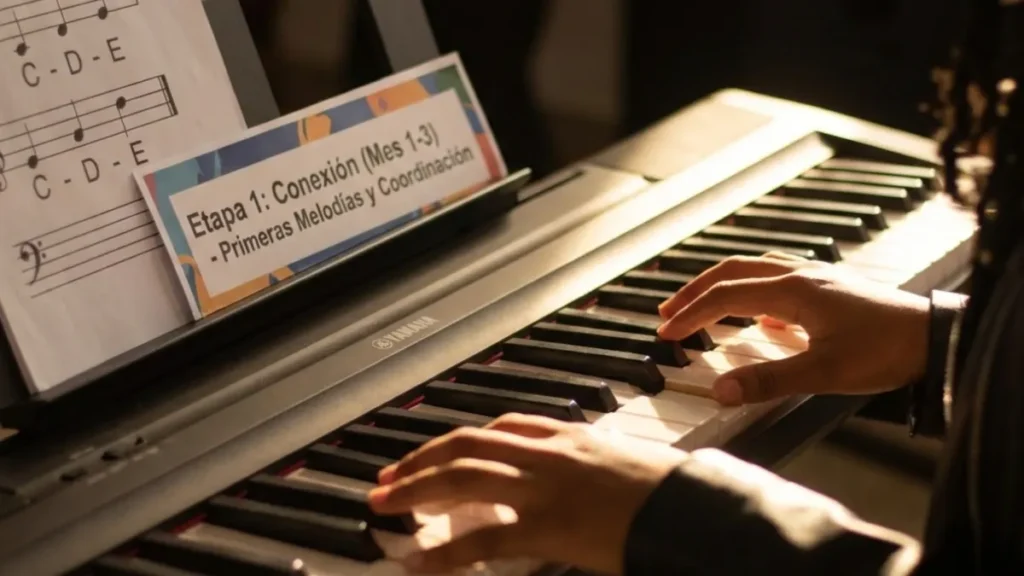 Primer plano de manos de un estudiante sobre un teclado Yamaha con partituras de apoyo, representando la Etapa 1 de Conexión (Mes 1-3) del pénsum de piano en Musicarte.