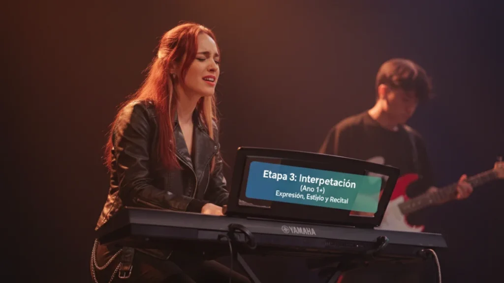 Pianista en una presentación de recital en vivo con iluminación de escenario, simbolizando la Etapa 3 de Interpretación (Año 1+) donde se domina la expresión y el estilo musical.